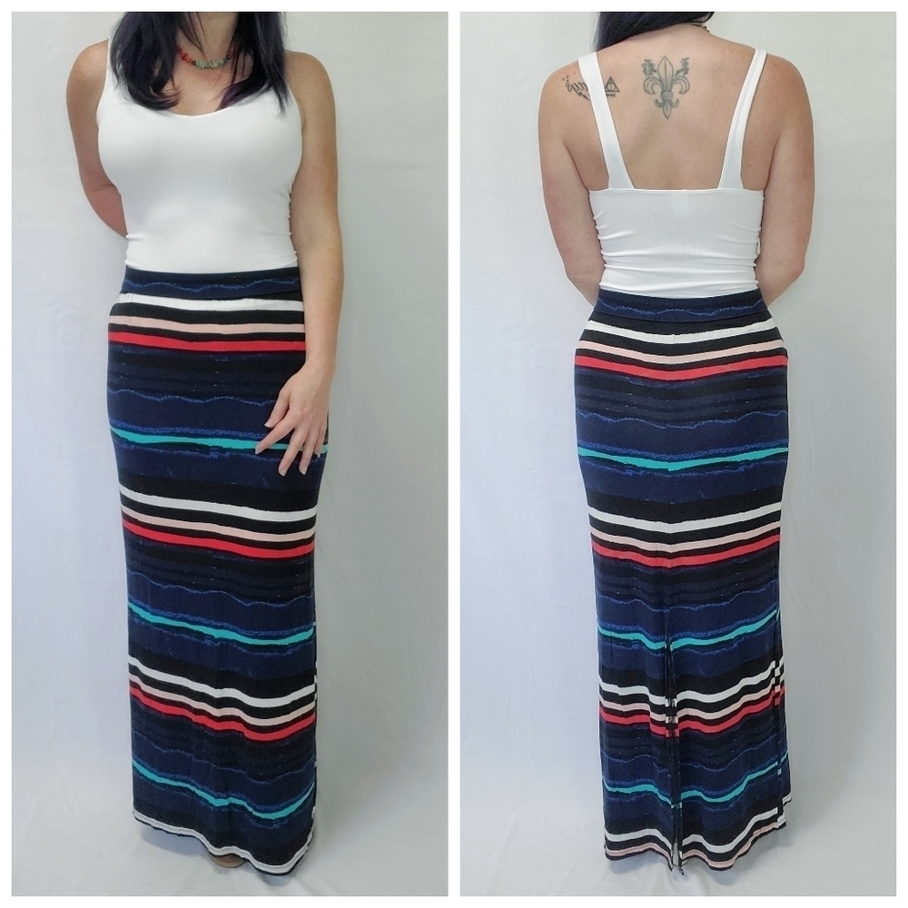 Jessica Simpson Multicolored Striped Back Slit Maxi Skirt